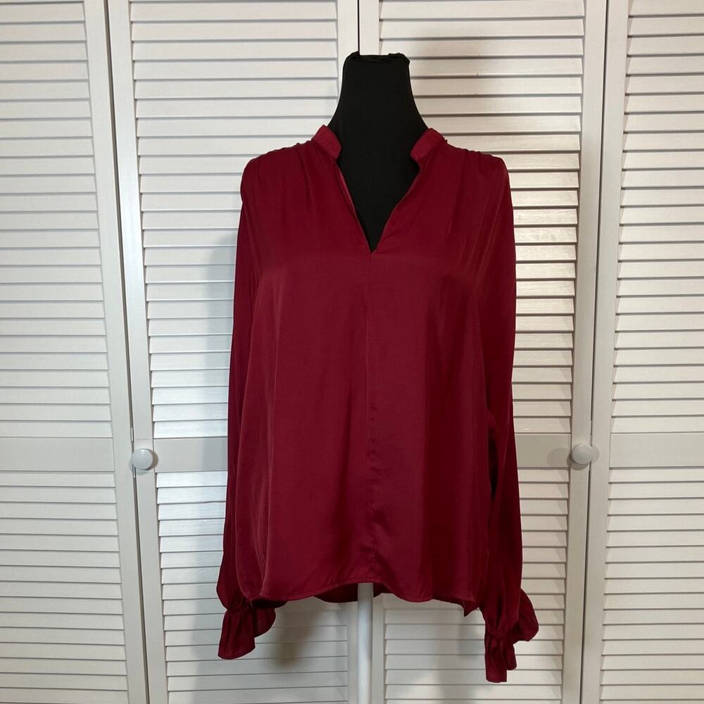 Glam  Burgundy Satin Ruffled Long Sleeve Blouse Women L